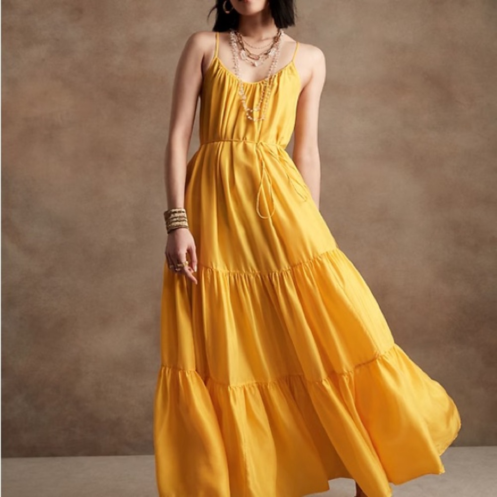 Banana Republic 100% Silk Tent Cana Tiered Yellow Maxi Dress